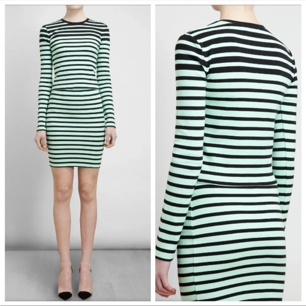 Alexander Wang Mint Aqua Blue White Striped Cropped Knit Pullover Sweater Size S
